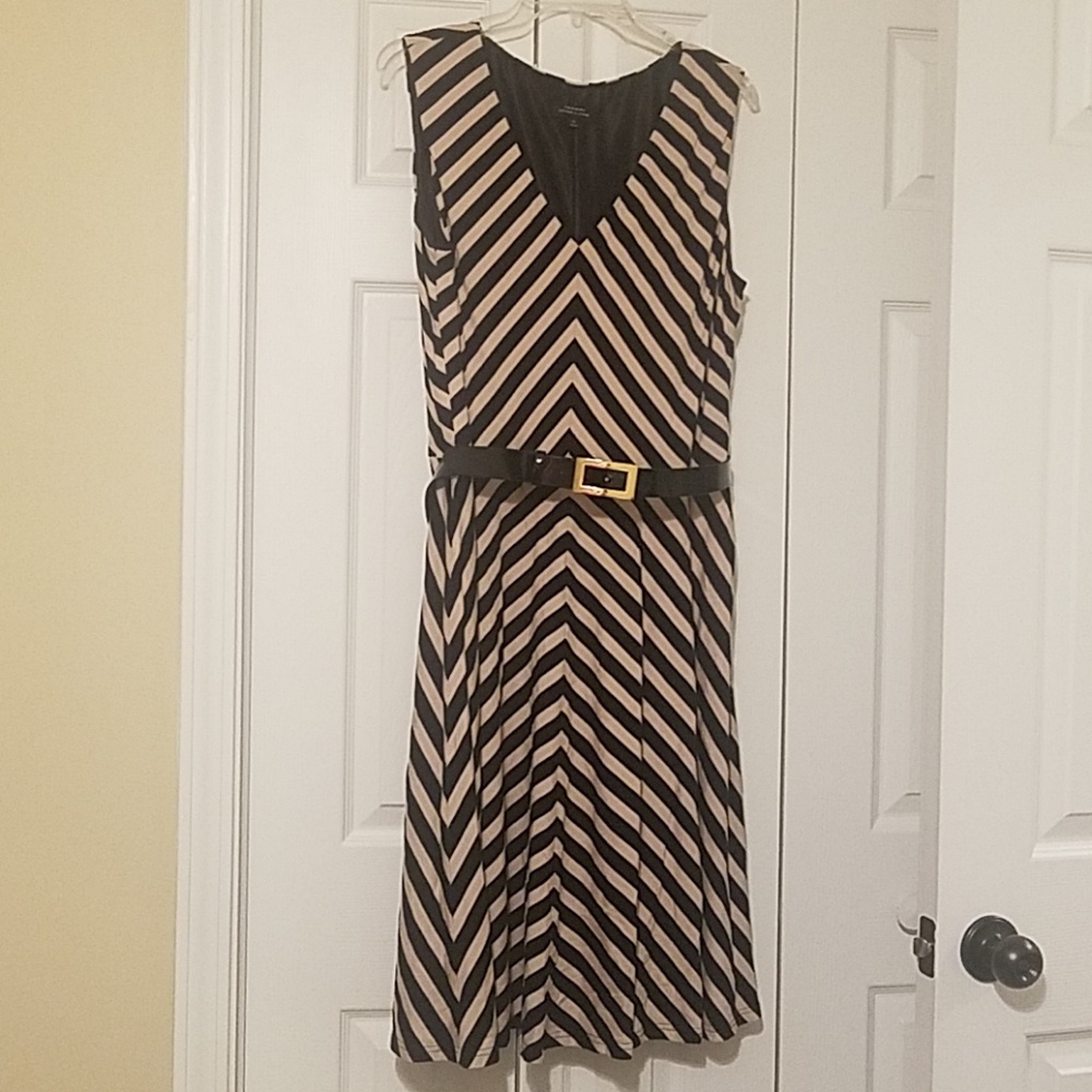 Tahari Taupe and Black Striped Dress